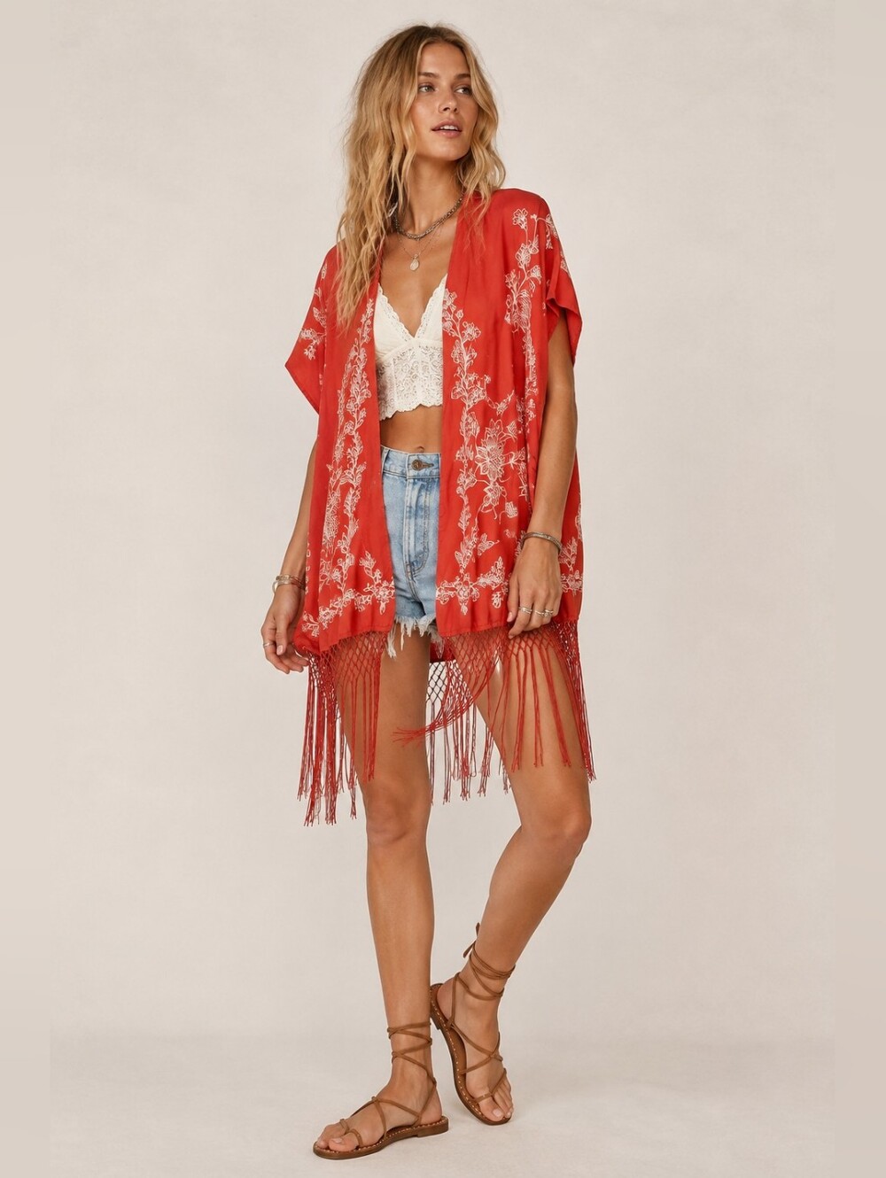 Denim 24/7 Embroidered Fringe Kimono Cover Up Boho Plus Size 18/24